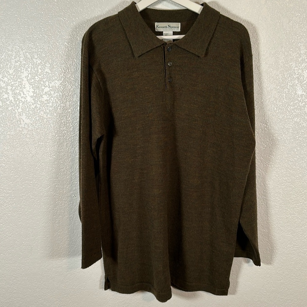 Kenneth Spencer Olive 100% Wool Polo Collared Sweater Size Large